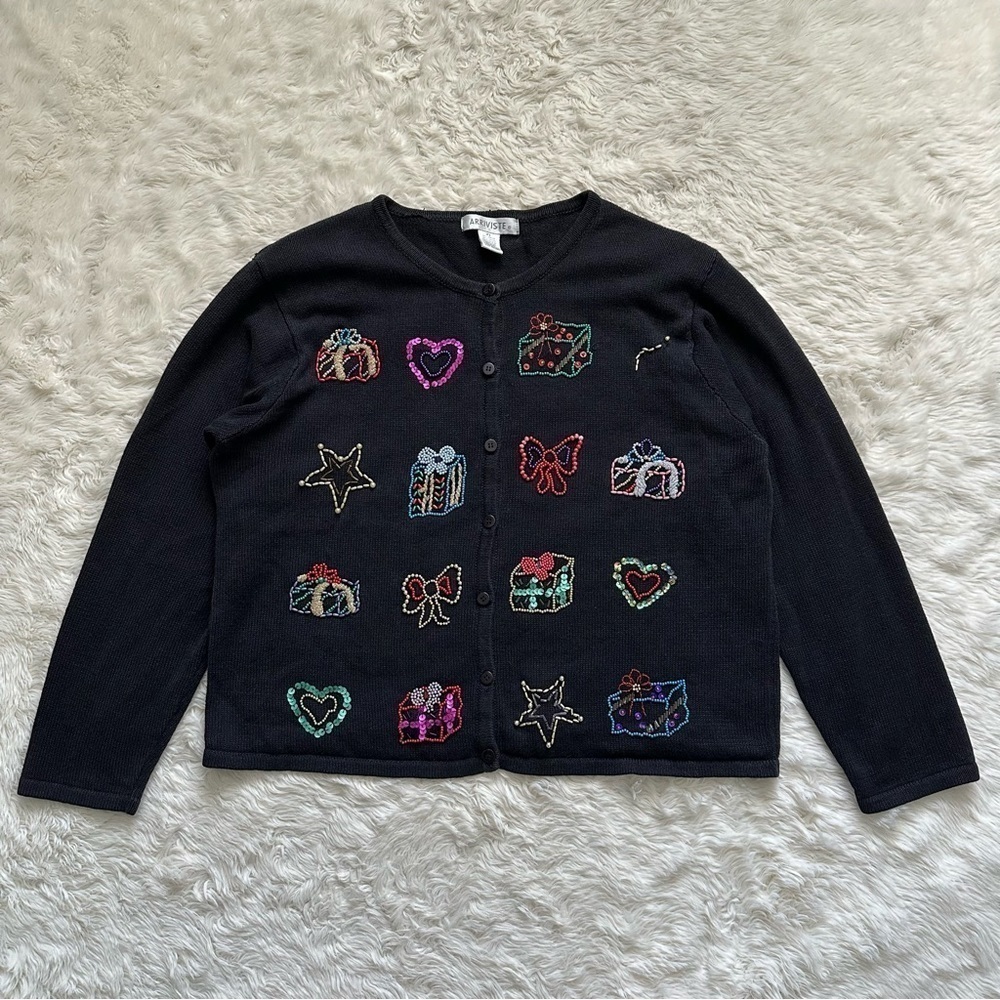 Vintage Arriviste Cardigan Holiday Ugly Christmas Sweater Beaded Black XL - Picture 2 of 13
